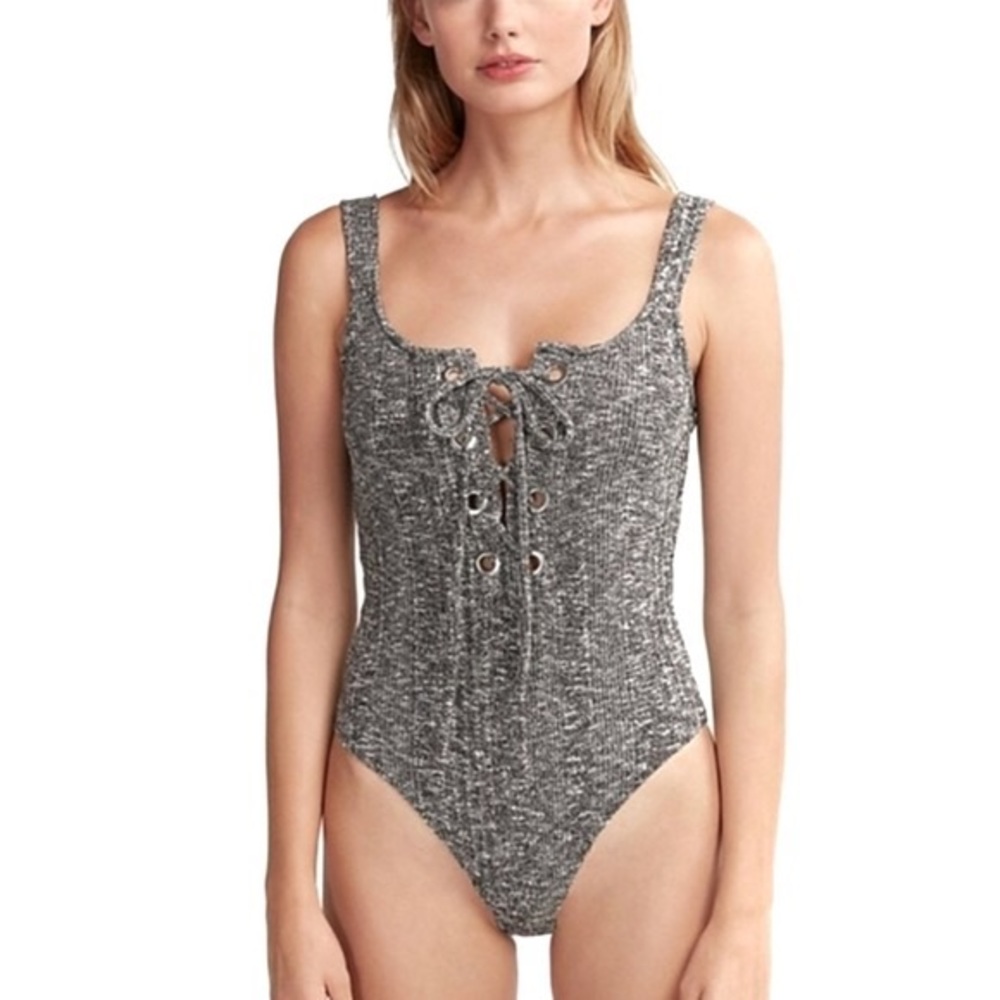 Express grey marled tie up bodysuit corset